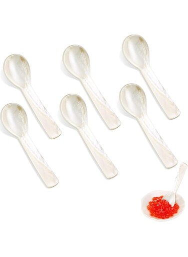 Geiserailie Caviar Spoons Mother of Pearl MOP Caviar Spoons with Hand Craft W Round Handle for Caviar, Egg, Ice Cream, Salt, Coffee Serving, Restaurant Serving Set (6 Pieces, 3.55 Inch)