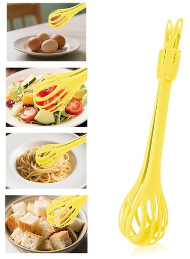 in 1 Food Clip &amp; Egg Whisk, Multifunctional Egg Beater Manual Mixer and Serrated Tongs Practical Kitchen Gadget Tool for Gripping Stirring Mixing Ideal for Bread Pasta Salad (Yellow)