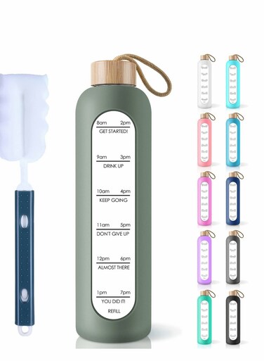 Oz Leak-Proof Borosilicate Glass Water Bottle with Time Markers &amp; Motivational Quotes - BPA Free, Reusable, Silicone Sleeve &amp; Bamboo Lid