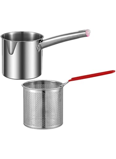 SUPVOX Stainless Steel Frying Pot Small Frying Basket 1.2L Stainless Steel Frying Pan with Strainer Milk Soup Sauce Pot Steam Egg Cooker Kitchen for Dumplings Noddles