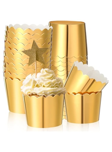 Foil Baking Cups, Foil Cupcake Liners Sturdy Muffin Baking Cups Cupcake Wrappers for Christmas Wedding Birthday Party Decoration, Baby Shower, Greaseproof Sturdy 1.93 x 1.8 Inch (Gold)(100 Pcs)