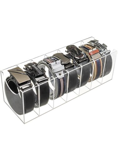 SupApollo Belt Organizer, Belt Organizer for Closet, Acrylic 7 Compartments Belt Container Storage Holder, Purse Tie Jewelry Watch Bracelets Makeup Storage Box