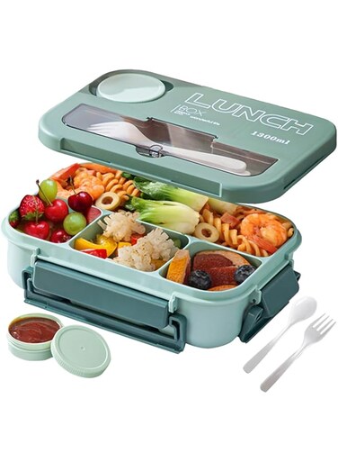 YumLock Lunch Box Set - 1300ml Bento Box with 4 Compartments, Utensils, &amp; Sauce Container for Meal Prep &amp; On-the-Go, Green