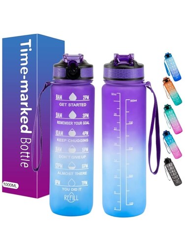 AWH Sport Water Bottle 1L - BPA-Free, Leak Proof, Straw &amp; Time Marker - Ideal for Kids, Fitness, Gym, Office, Outdoor, School, Sports - Purple &amp; Blue