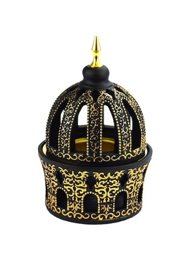 Intense Oud Calligraphy Style Closed Resin Incense Burner &ndash; Black &amp; Gold 6 Inch Metal Tray, Arabian Oud Bakhoor Burner (Mabkhara) for Yoga, Aromatherapy, Home, Office &amp; Bedroom Decor