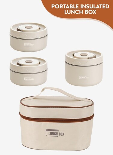 Steel Bento Lunch Box Set 3 Tier, Leakproof Thermal Food Container with Bag, Stackable Insulated Tiffin Box, Microwavable Safe Lunch Box for Adults Kids Men Women Beige