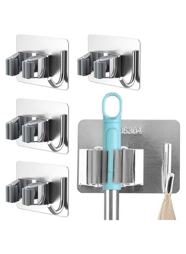 AoMige 4Pcs Broom and Mop Holder, Wall Mount Heavy Duty Stainless Steel Self Adhesive Anti-Slip Broom Holder Wall Mount, Mop Gripper for Kitchen Bathroom Closet Garden Garage