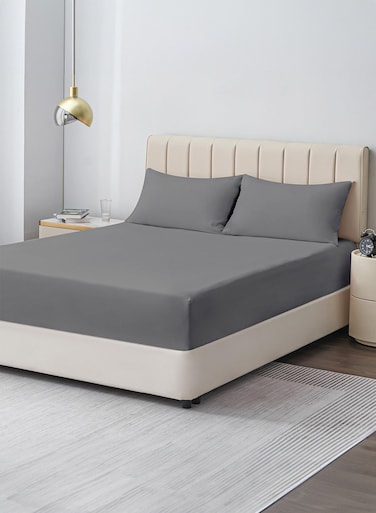 Linen Double Plain Fitted Elastic Bedsheet with 2 Pillow Case 160 x 200 Cm Grey