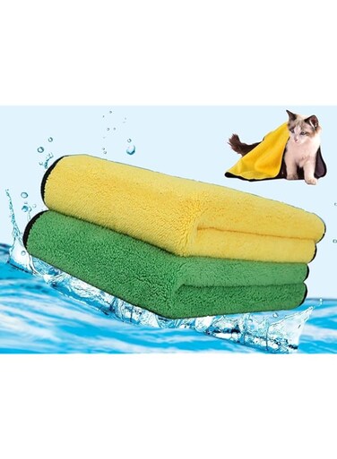 2 Pack Dog Towels Super Absorbent Pet Bath Towel Microfiber Dog Drying Towel for Small Dogs and Cats, Machine Washable, 11.8Inch x 23.6Inch, Yellow-Grey &amp; Green-Grey