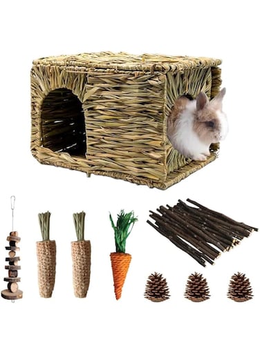 HOOTO Rabbit Grass House and Hideout Foldable, Handmade Woven Hay Bed Natural Edible Grass Hut with Bunny Chew Toys, for Bunny Hamster Guinea Pig Chinchilla.