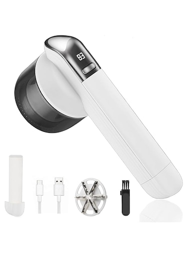 Portable Electric Lint Remover - Fabric Shaver and Fast and Effective Bobble Remover for Clothes, Bobbles from Couch, 2-In-1 LED Digital Display Clothes Debobbler, with Double Protection (White)