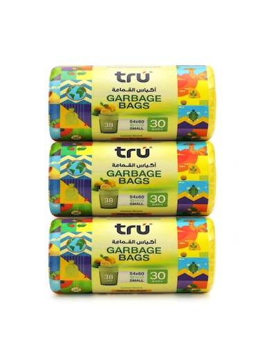 Pack of 3 - Lemon Scented Garbage Bags Compact Roll, 10 Gallon, 54x60cm, Small (Office bins) - 30 Bags x 3 yellow