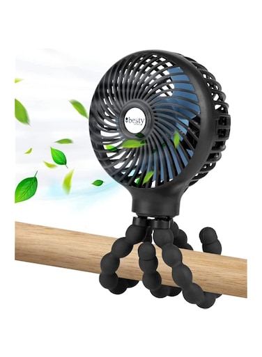 BESTY HOME Portable Mini Handheld Stroller Fan, 2000mAh Personal Portable Car Seat Baby Fan with Flexible Tripod,USB or Battery Powered Desk Fan with Adjustable 3 Speeds (Black)
