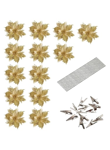 Duomama Sparkling Gold Poinsettia Ornaments - 13 Pack 5.5in Artificial Flowers with Clips and Stems for Xmas Tree, Wedding, Party, Wreath Decoration - Glitter Accents for Festive Holiday Atmosphere