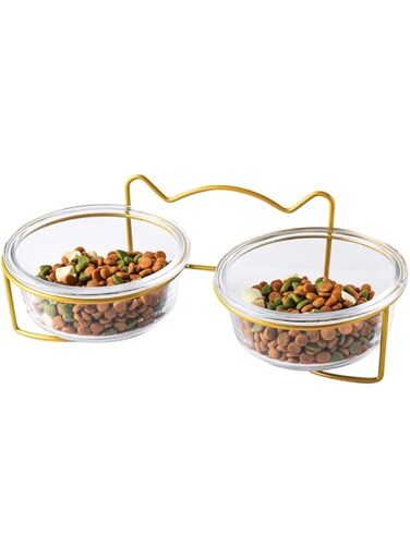 NALACAL Dog and Cat Bowls Elevated Set, 15&deg; Tilted Cat Food Double Bowls with Anti Slip Iron Stand Transparent Cat Feeder Raised Food and Water Bowls for Indoor Cats Dogs, 16 Ounces Each