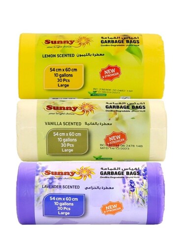 Your Bright Choice Scented Garbage Bags Combo Vanilla, Lemon, Lavender 10 Gallons 54cm x 60cm (30 x 3) 90 Pieces OXO-Biodegradable