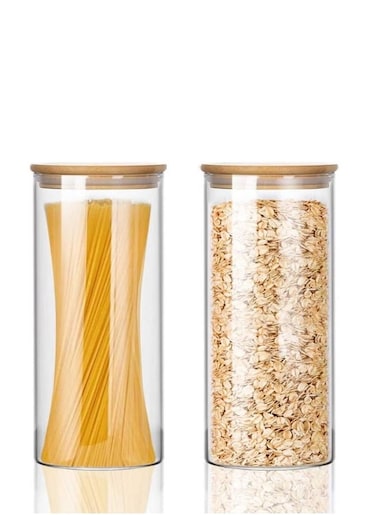 Borosilicate Round Glass Food Storage Jar With Bamboo Lid 1200 ML 2Pcs Set