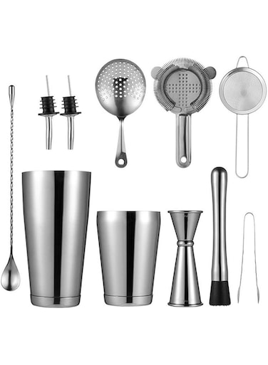 N/S 11pcs Bartender Tools Set Boston Cocktail Shaker Tins Cocktail Strainer Double Jigger Bar Spoon Set for Drink Mixer Bartending -Silver