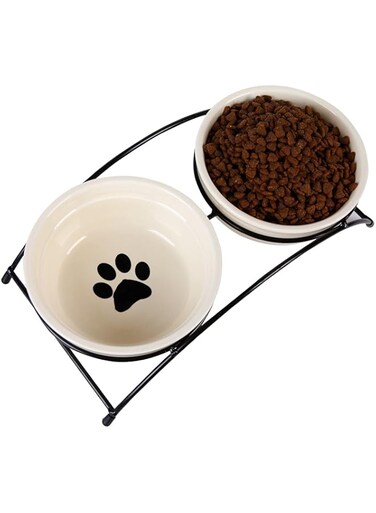 SKEIDO Cartoon Style Ceramic Pet Bowl Pet Feeder Pet Supplies For Cats Dogs Non Slip Food Water Dual-use Feeding Dish with Holder