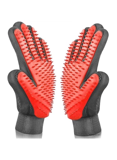 4basix Pet Grooming Gloves for Dogs &amp; Cats Shedding - Gentle Massaging Hair Remover Brush Mitts for Deshedding and Washing, Long &amp; Short Fur - 1 Pair (Red)