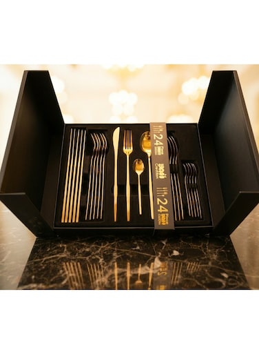 Creation YAH Luxury 24-Piece Golden Stainless Steel Modern Cutlery Set &acirc;&euro;&ldquo; Mirror-Polished Flatware for Six &acirc;&euro;&ldquo; World-Class Quality, Ergonomic Design, and Dishwasher-Safe Dinnerware in a Unique Gift Box.