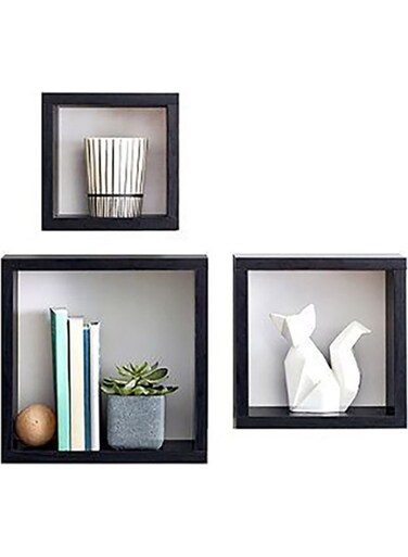 HOME 3-Piece Solid Wood Wall Mounted Floating Shelves For Books And Accessories Black 40x40cm