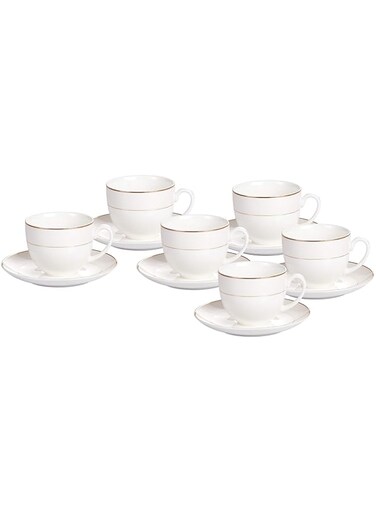 Shallow 90cc Bone China Cups and Saucers Set, White/Gold, TS-90-LIN-B, 12 Pieces