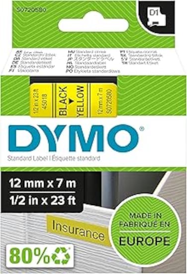 DYMO TAPE 12MMX7M YELLOW D1, Black on Yellow, S0720580