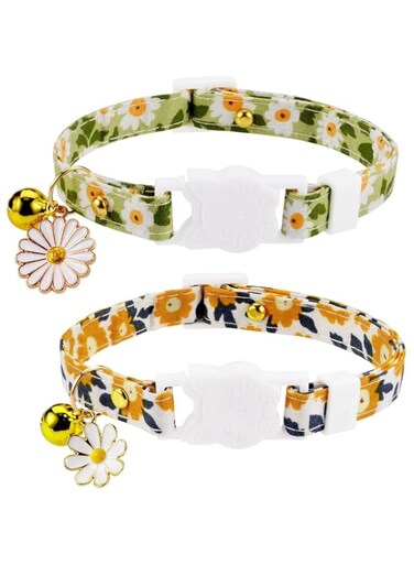 Acaiciee 2 Pack Cotton Safe Breakaway Cat Collars with Bell Daisy Charm Green Orange Pink Blue Kitty Kitten Cute Cat Collars for Girl Cats Female Cats