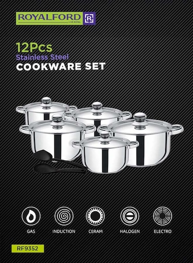 12PCS Stainless Steel Cookware Set, Ergonomic Grip, Induction Safe Casserole/Saucepan Pots with Lid, and Nylon Slotted Turner -Riveted Handles, Chrome Finish Stainless Steel Body Stainless Steel 26x12.8cm
