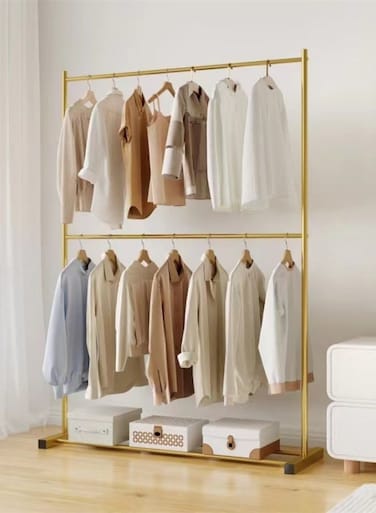 Metal Clothes Organizer Double Rod Clothing Garment Rack Stand Golden 120x40x185 cm