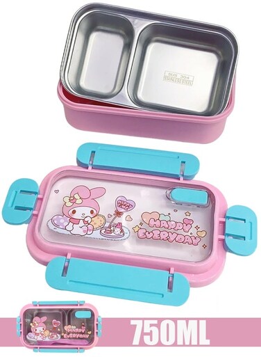 Stainless Steel Lunch Box for Kids Leakproof 2 Compartment Metal Lunch Container Stainless Steel Bento Box - Ideal for School, Office &amp; Outdoor - Dishwasher Safe (Pink 750ML)