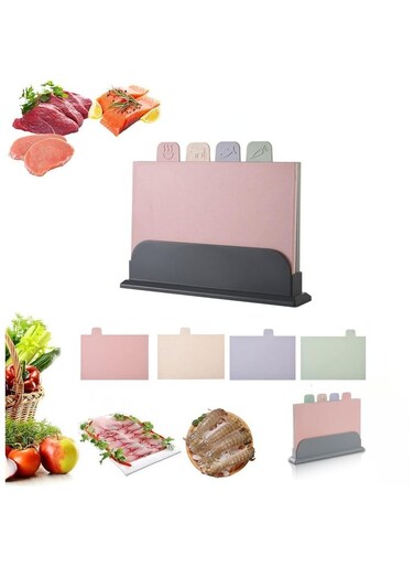 Boards Set for Kitchen,Colour Coded Wheat Straw Cutting Board with Holder Chopping Board Set of 4 Non Slip,Chopping Board for Kitchen Different Food Types Pink