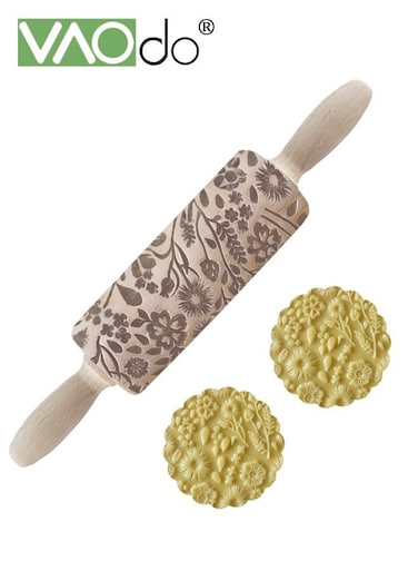 Wooden Embossed Rolling Pin for Baking, Deeply Carved Embossed Rolling Pins, with Flowers and Leaves Pattern, Designs for Baking Cookies Stamps Roller DIY Tools