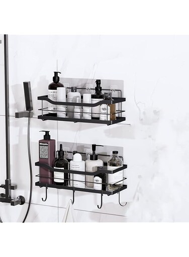 ANTOLE Bathroom Shelves No Drilling,Wall Mounted Storage Organized Rack with 4 Hooks, SUS304 Stainless Steel Shower Storage Organizer for Bathroom, Toilet and Kitchen