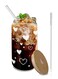1Pack Coffee Cups with Lids,16oz Glass Cups with Straws and Lids-Glass Coffee Cups,Drinking Beer Glasses with Bamboo Lids,Cute Glass Cups, Heart Shaped Glasses Cups