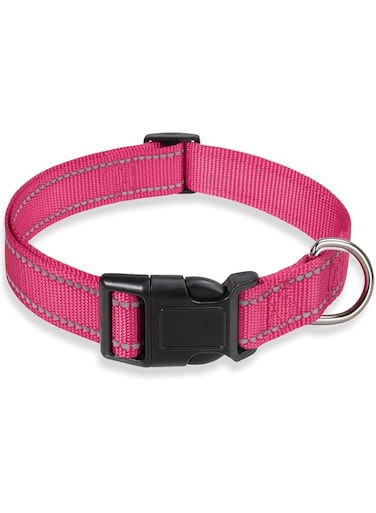 BOOMIBOO Reflective Dog Collar with Buckle Adjustable Safety Nylon Collars for Small Medium Large Dogs, Pink L