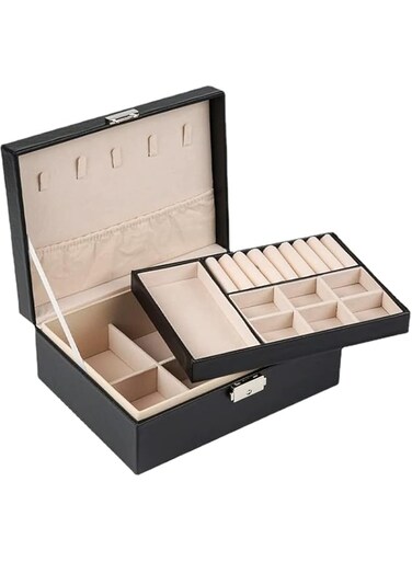 KISS KITTY Jewelry Box Organizer, Double Layers Display Storage Case，Jewelry Display Storage Case Gift for Women Girls - Black