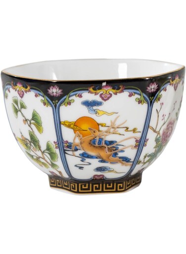 MANTIS Elegant Chinese Ceramic Enamel Tea Cup - 6-Sided Design, 5oz, Black Porcelain, Dishwasher and Microwave Safe