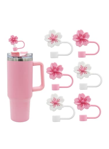 Covers Cap Toppers, 6 Pcs Straw Cover for Stanley Cup, Silicone Straw Covers Cap Reusable Drinking Straw Topper Compatible, for Stanley Cups Accessories (0.4in, Flower, 2 Colors)