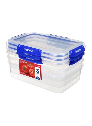 2.2 Liter Klip it Rectangular stackable Food Container Pack of 3, built with leak proof seal + easy locking clips, is Microwave, dishwasher safe and Phthlate &amp; BPA Free.