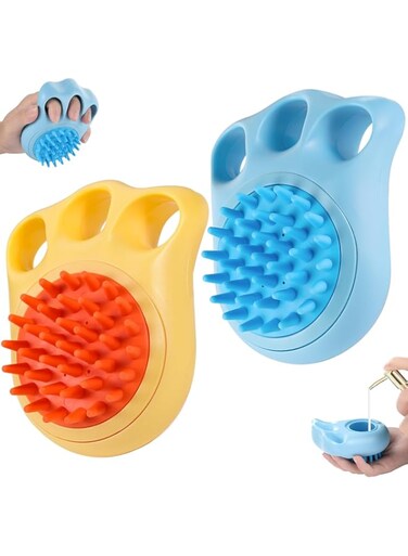 OBABO Dog Bath Brush, 2Pcs Dog Shampoo Brush, Silicone Dog Washing Brush with Shampoo Dispenser, Dog Bath Brush Scrubber, Dog Shower Brush, Dog Brush for Bathing, Pet Bath Brush (Blue+Yellow)