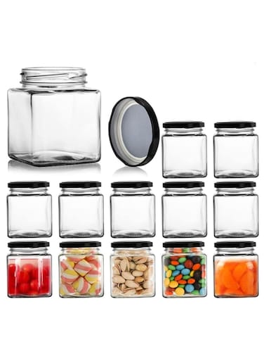 12pack 200ml square jar with black sealed metal regular lid sealed transparent glass jar, used as dessert, coffee beans, seasoning, honey, jam, jelly, total