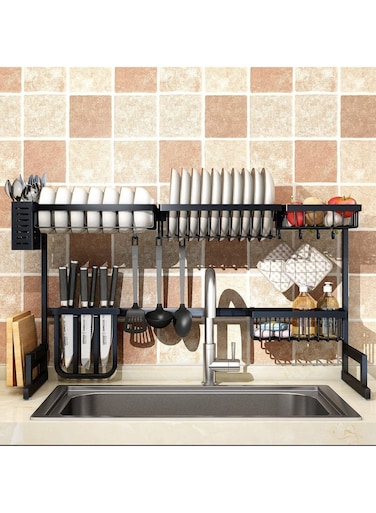 Drying Rack Over the Sink - 2 Tier Compact Kitchen Organizer and Storage Space Saver for Counter - Dish Drainer and Utensil Holder (Stainless Steel, Black Dish Rack)