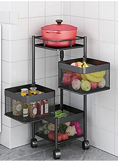 3 Layer Square Shaped Rotating Multi-function Home Kitchen Storage Basket Trolley