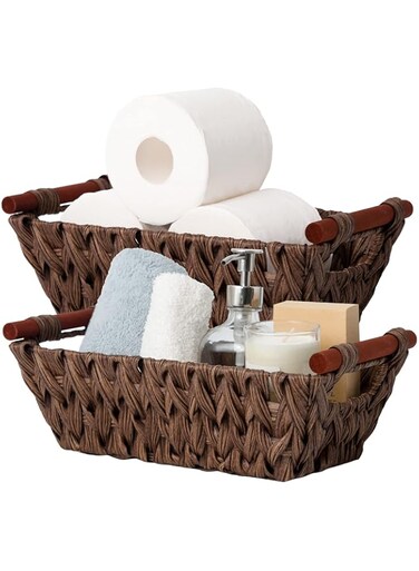 2PCS Wicker Basket Handles, Woven Trapezoid Basket Waterproof Storage Basket Pantry Storage Basket Caramel Orange Basket Decorative Wicker Basket Wicker Basket Set with Handles for Pantry Storage
