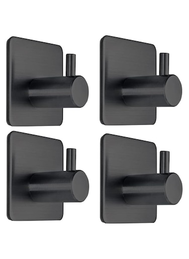 Khazna Black Adhesive Towel Hooks, Heavy Duty Stick on Wall Hooks, Shower Hooks for Bathroom Kitchen Door - 4 Packs