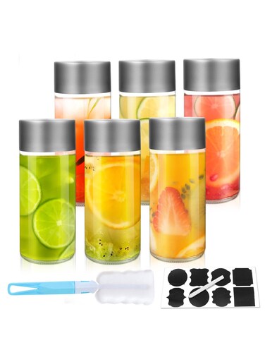 6Pack 8oz Glass Juice Bottles with Silver Lids &acirc;&euro;&ldquo; 250ml Reusable Drink Bottles for Water, Smoothies, Beverages &acirc;&euro;&ldquo; Includes Cleaning Brush &amp; Labels