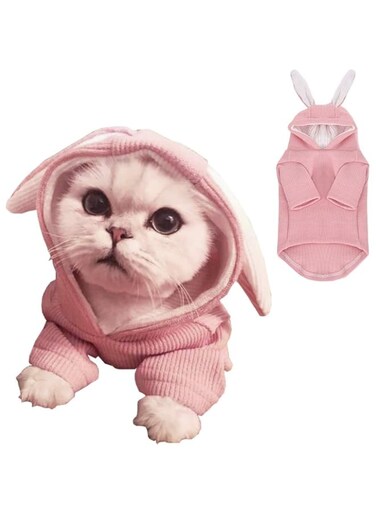 ANIAC Pet Hoodie Cat Rabbit Outfit with Bunny Ears Cute Sweatshirt Spring and Autumn Puppy Knitted Sweater Kitty Soft Knitwear (Medium, Pink)