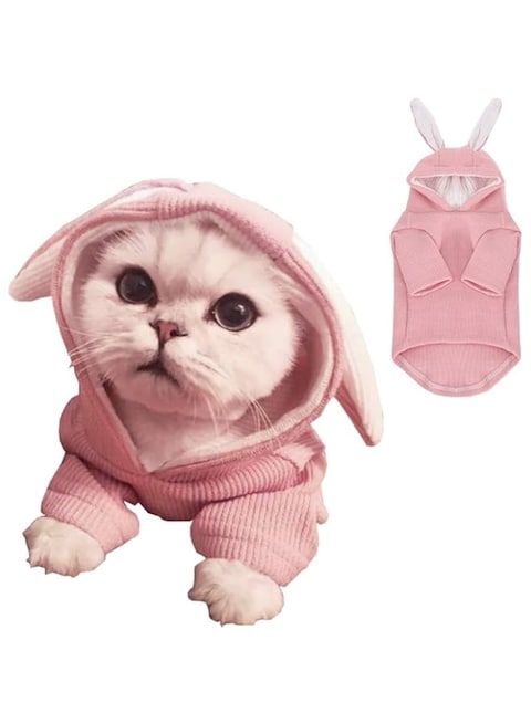 ANIAC Pet Hoodie Cat Rabbit Outfit with Bunny Ears Cute Sweatshirt Spring and Autumn Puppy Knitted Sweater Kitty Soft Knitwear (Medium, Pink)